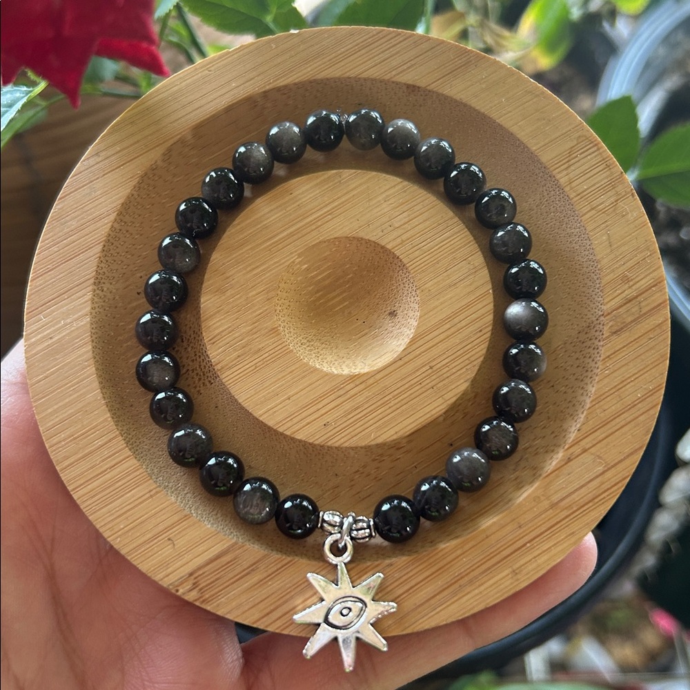 Handmade Silver Sheen Obsidian Beaded Bracelet with Silver Evil Eye Charm